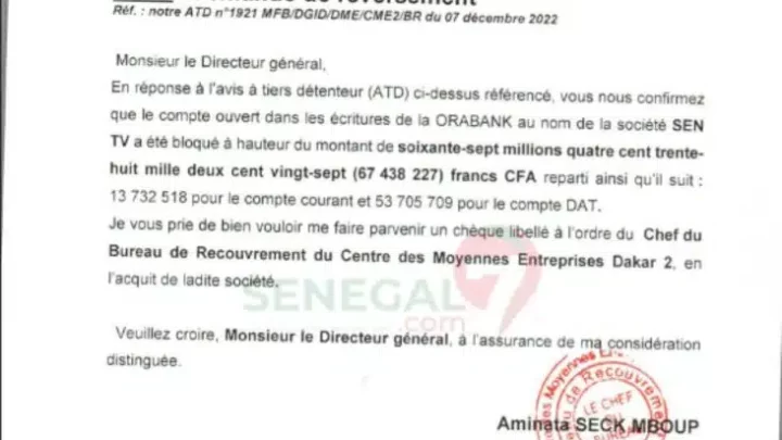 EXCLUSIF : LE FISC VIDE LES COMPTES DE LA SEN TV… 67 MILLIONS FCFA SAISIS ￼